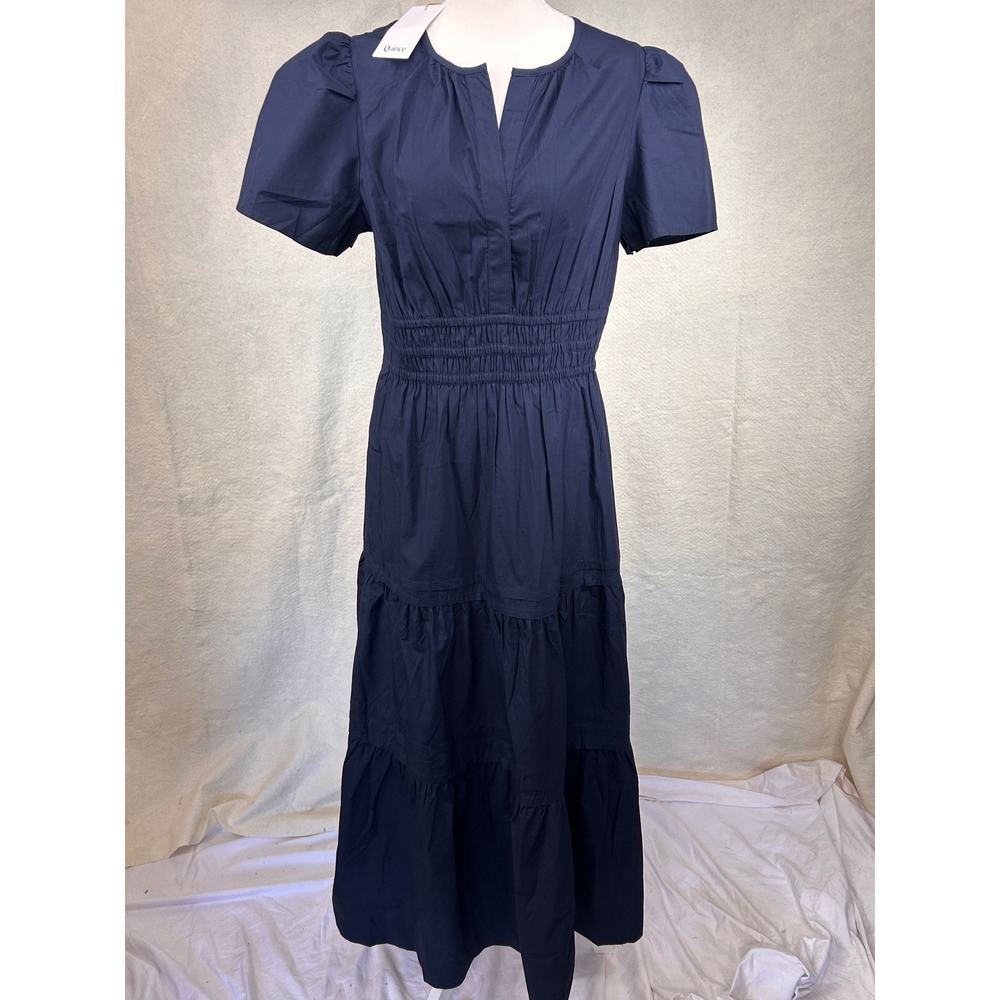 Quince Organic Navy Blue Cotton Poplin Tiered Maxi Dress Puff Sleeve NWT Size M